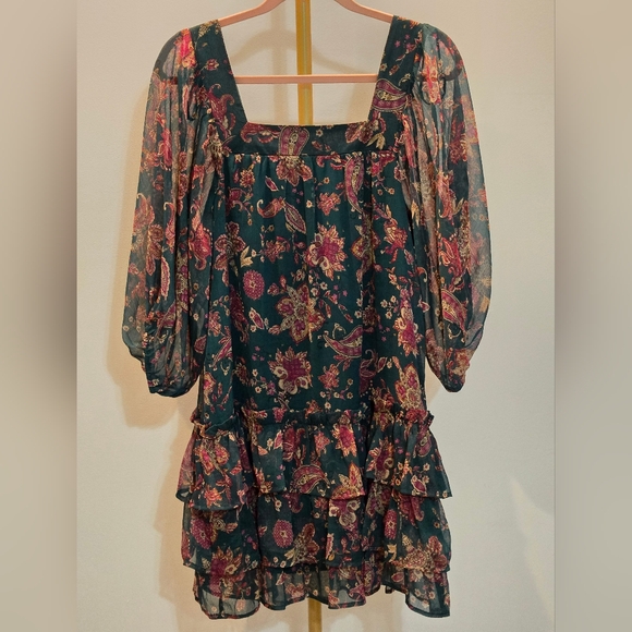 Band of the Free Mandy Floral Pine Berry Sheer Sleeve Dress Size S - Picture 3 of 6